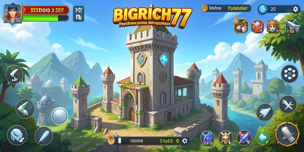 Screenshot BIGRICH77 menampilkan aksi menara pertahanan melawan gelombang musuh.