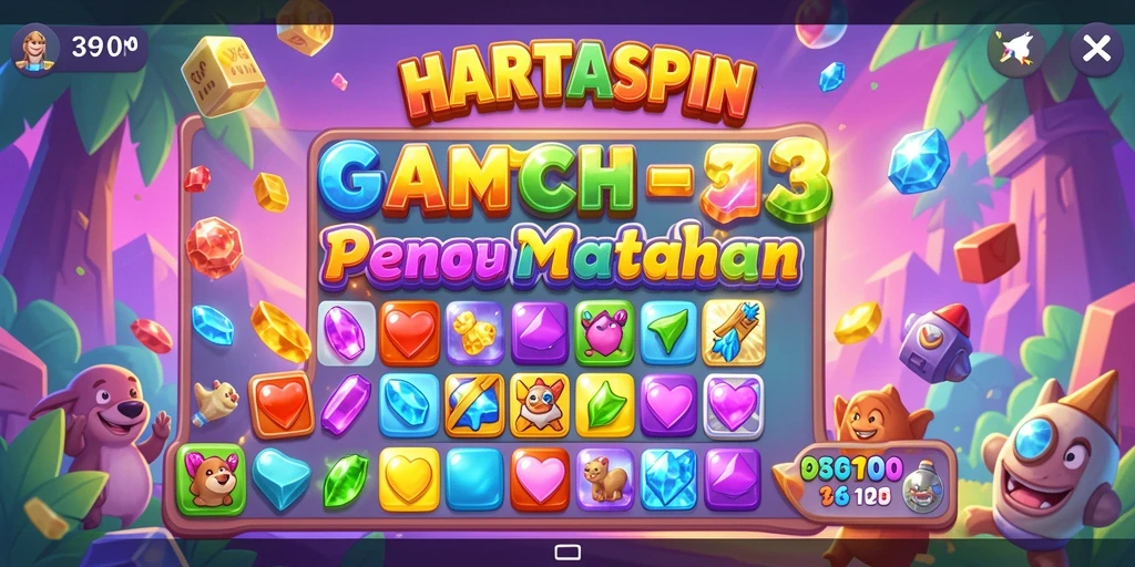 Screenshot HARTASPIN menampilkan gameplay seru mencocokkan permata.