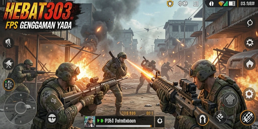 Screenshot HEBAT303 menampilkan aksi tembak-menembak yang seru dalam pertempuran FPS.