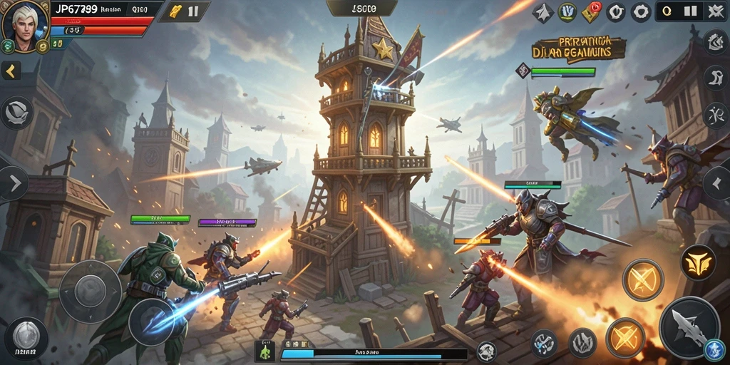 Screenshot gameplay JP6789 menampilkan aksi pertahanan menara yang epik.