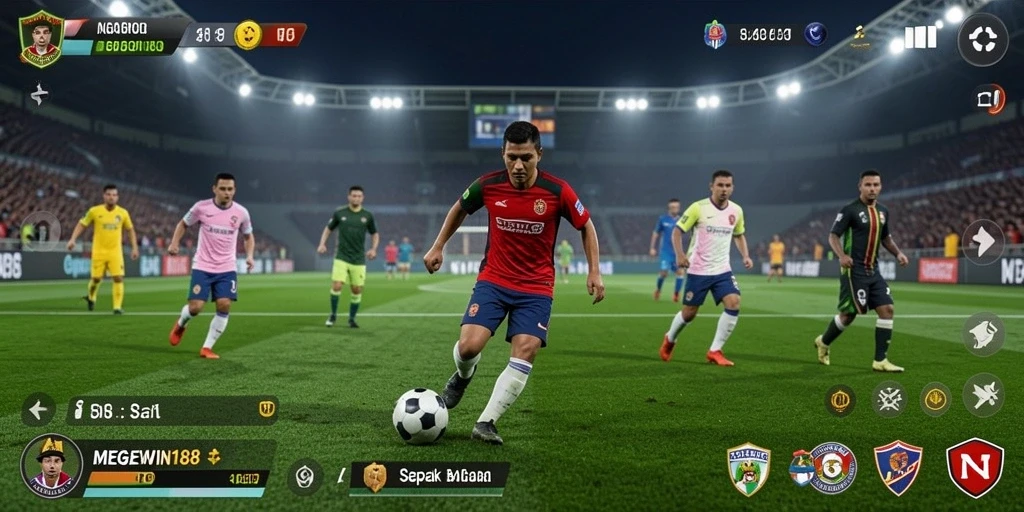 Tangkapan layar gameplay <strong>MEGEWIN188</strong> yang menunjukkan aksi seru di lapangan sepak bola.
