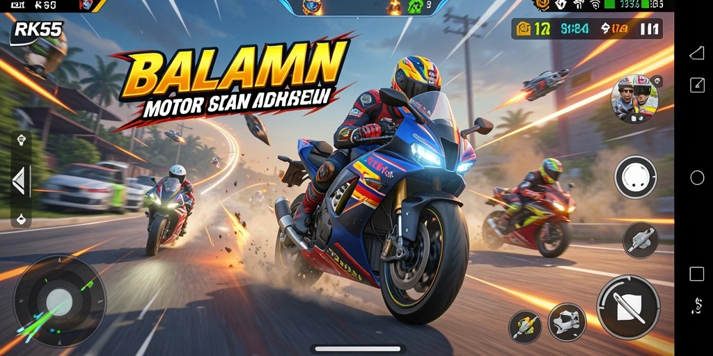 Gameplay seru RK55 dengan motor balap di trek menantang.