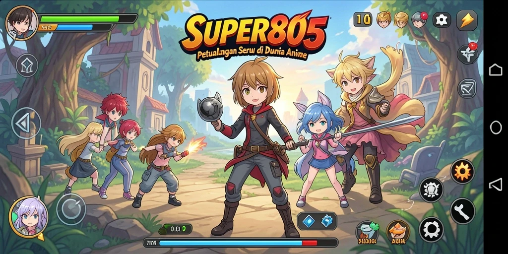 Screenshot menampilkan karakter utama dalam aksi petualangan Anime.